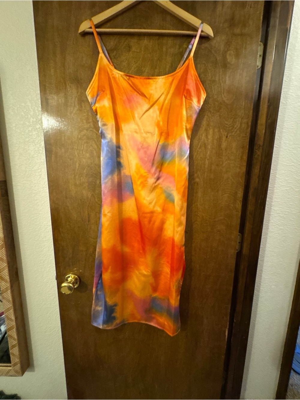Vibrant Orange Tie-Dye Midi Slip Dress
